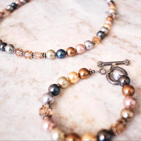 Handmade Blue/Tan Beaded Necklace & Bracelet Set - Picture 2 of 2